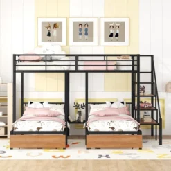 ModernLuxe Full Over Twin-Twin Triple Bunk Bed with Storage Stairs & Drawers