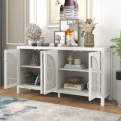 60" Large Storage Space Sideboard With Artificial Rattan Door And Metal Handles - ModernLuxe
