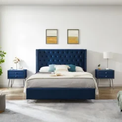Button-Tufted Platform Bed With One Nightstand - ModernLuxe