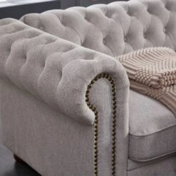 Chesterfield Linen Tufted Nailhead Upholstered Sofa With Wooden Legs - ModernLuxe -Luxe Furniture Sale GUEST d40617e5 a58d 413b b195 42ca92051c3d