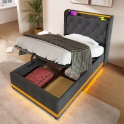 King/Queen/Full/Twin Size Platform Bed, Upholstered Storage Bed Frame With LED Light, USB Ports -ModernLuxe