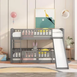 ModernLuxe Twin Over Twin Low Bunk Bed with Slide and Ladder