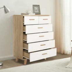 ModernLuxe 6-Drawer Dresser with Solid Wood Legs and Handles - White & Oak