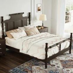 Vintage Country Style Queen/King Size Platform Bed With 56.9" High Crown-Like Headboard, Wood Four Poster Bed Frame - ModernLuxe