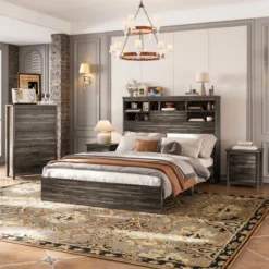 4-Piece Bedroom Set, Wooden Queen Bed Frame With Storage Headboard, Charging Station, Nightstands & Dresser - ModernLuxe