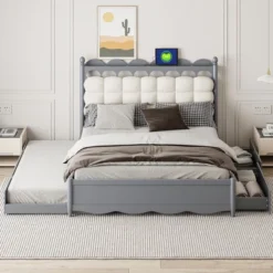 ModernLuxe Queen Wooden Storage Platform Bed with Twin-XL Trundle and USB Ports