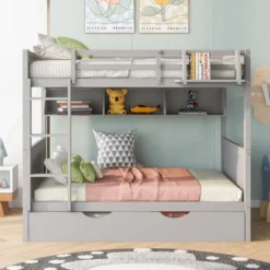 ModernLuxe Separable Full-Over-Full Bunk Bed with Twin Trundle and Bookshelf