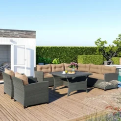 ModernLuxe 6-Piece Outdoor PE Rattan Conversation Set with Wicker Sectional and Dining Table