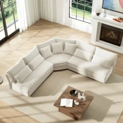ModernLuxe 5-Seater L-Shaped Sectional Sofa With Curved Corner, Corduroy Sofa Couch With 7 Pillows (3 Throw + 4 Lumbar) -Luxe Furniture Sale GUEST de275c3a 52a0 412e a12a 0c9cbccc05d4