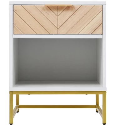 Nightstand With USB Charging Ports, End Table With 1 Drawer And Metal Legs, White+Natural Finish-ModernLuxe 5 Nightstand With USB Charging Ports, End Table With 1 Drawer And Metal Legs, White+Natural Finish-ModernLuxe - Image 3