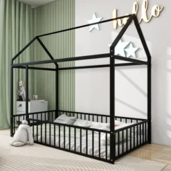Twin/Full Size Metal Bed House Bed Frame With Fence, Floor Bed For Kids, Teens - ModernLuxe