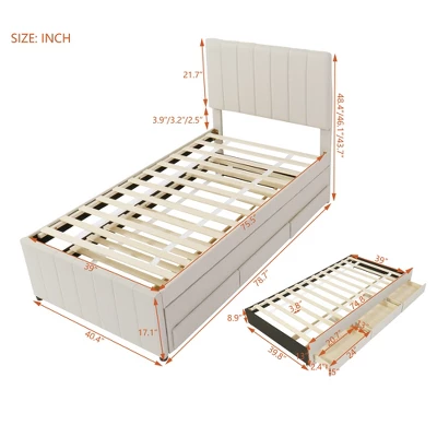 Twin/Full Size Platform Bed, Wooden Upholstered Bed Frame With Twin Trundle Bed And 3 Drawers - ModernLuxe 4 Twin/Full Size Platform Bed, Wooden Upholstered Bed Frame With Twin Trundle Bed And 3 Drawers - ModernLuxe - Image 2