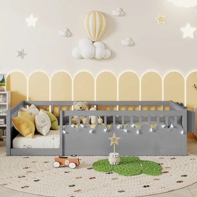 Twin/Full Floor Bed Frame With LED Light, Montessori Bed Wooden Toddler Bed With Safety Guardrails & Storage Shelf - ModernLuxe 3 Twin/Full Floor Bed Frame With LED Light, Montessori Bed Wooden Toddler Bed With Safety Guardrails & Storage Shelf - ModernLuxe