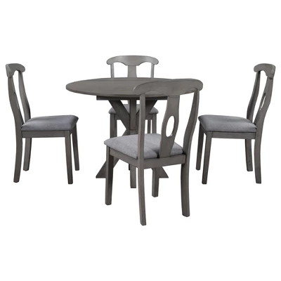 5-Piece Rustic Wooden Round Dining Table Set With Drop Leaf And 4 Upholstered Dining Chairs, Gray - ModernLuxe 8 5-Piece Rustic Wooden Round Dining Table Set With Drop Leaf And 4 Upholstered Dining Chairs, Gray - ModernLuxe - Image 6