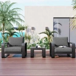 ModernLuxe 3-Piece Gray Aluminum Outdoor Conversation Set with Ultra-Thick Cushions