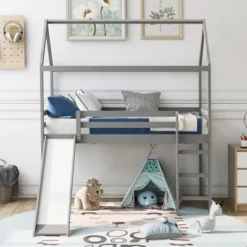 ModernLuxe Twin Size House Shape Loft Bed with Slide in Gray