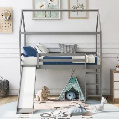 ModernLuxe Twin Size House Shape Loft Bed with Slide in Gray 3 ModernLuxe Twin Size House Shape Loft Bed with Slide in Gray