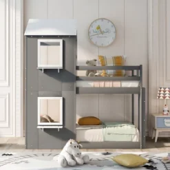 ModernLuxe Twin Over Twin Wood Bunk Bed with Playhouse Roof and Window