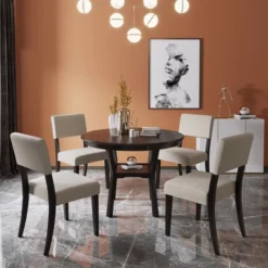 ModernLuxe 5-Piece Round Dining Table Set with Storage Shelf and 4 Upholstered Chairs