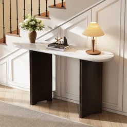 ModernLuxe 53.9" Modern Entryway Console Table with Oval Marble-Style Top and Solid Wood Curved Legs