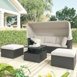 ModernLuxe Outdoor Patio Rectangular Daybed with Retractable Canopy and 2 Ottomans