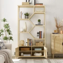 7-Tier Rattan Storage Bookshelf With 2 Doors, Natural – ModernLuxe