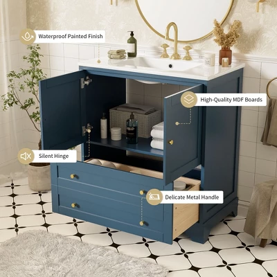 30'' Modern Bathroom Vanity With Ceramic Sink, Freestanding Storage Cabinet With Soft Close Doors, Drawer & Gold Handles, Blue - ModernLuxe 6 30'' Modern Bathroom Vanity With Ceramic Sink, Freestanding Storage Cabinet With Soft Close Doors, Drawer & Gold Handles, Blue - ModernLuxe - Image 4