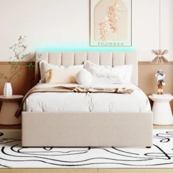 ModernLuxe Teddy Fleece Upholstered Platform Bed with Trundle and Smart LED Lights