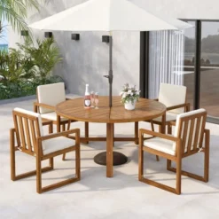 ModernLuxe 5-Piece Acacia Wood Outdoor Dining Set with 4 Armchairs & Round Table