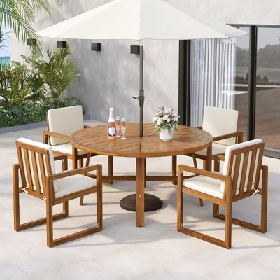 ModernLuxe 5-Piece Acacia Wood Outdoor Dining Set with 4 Armchairs & Round Table 2 ModernLuxe 5-Piece Acacia Wood Outdoor Dining Set with 4 Armchairs & Round Table