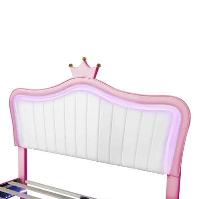 Queen/Full Size Upholstered Platform Bed Frame With LED Lights, Princess Bed With Crown Headboard-ModernLuxe 11 Queen/Full Size Upholstered Platform Bed Frame With LED Lights, Princess Bed With Crown Headboard-ModernLuxe - Image 9