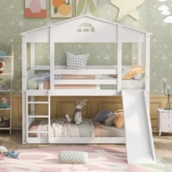 ModernLuxe Twin Over Twin House Bunk Bed with Convertible Slide and Ladder