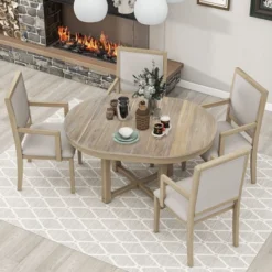 ModernLuxe 5-Piece Round Extendable Dining Table Set with 4 Upholstered Armchairs