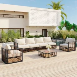 ModernLuxe 7-Piece Modular Metal & Rattan Outdoor Sectional Sofa Set