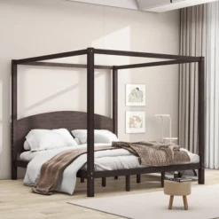 King Size Canopy Platform Bed, Wooden Bed Frame With Headboard And Support Legs -ModernLuxe