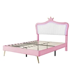 Queen/Full Size Upholstered Platform Bed Frame With LED Lights, Princess Bed With Crown Headboard-ModernLuxe 20 Queen/Full Size Upholstered Platform Bed Frame With LED Lights, Princess Bed With Crown Headboard-ModernLuxe -Luxe Furniture Sale GUEST ec029e72 41ca 4301 b98c 196928482840