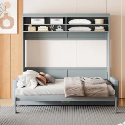 ModernLuxe Queen Size Murphy Wall Bed with 4-Seater Sofa and Integrated Shelves