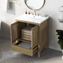24" Bathroom Vanity With Ceramic Basin, Two Doors And Drawers, Natural - ModernLuxe