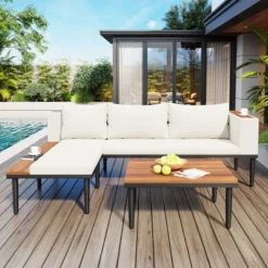 ModernLuxe 3-Piece Outdoor Acacia Wood L-Shaped Sectional Sofa Set
