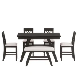ModernLuxe 6-Piece Rustic Wood Counter Height Dining Set with Storage Shelf, 4 Chairs & Bench
