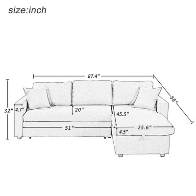 87.4"W Modern L-Shaped Sectional Sofa, Elegant Upholstered Sleeper Sofa Bed With Storage Chaise & 2 Throw Pillows, Gray - ModernLuxe 4 87.4"W Modern L-Shaped Sectional Sofa, Elegant Upholstered Sleeper Sofa Bed With Storage Chaise & 2 Throw Pillows, Gray - ModernLuxe - Image 2