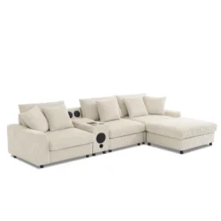 114''W Corduroy L-Shaped Sectional Sofa With Bluetooth Speakers, USB Charger, Cup Holders And Ottoman - ModernLuxe -Luxe Furniture Sale GUEST ef29e94a e0b5 4928 ba89 7c00e3ac0af6