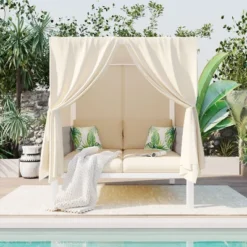 ModernLuxe Modern Outdoor Patio Sunbed with Privacy Curtains, 2-Seater Padded Chaise Lounge