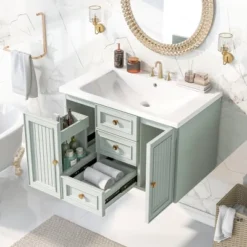 ModernLuxe 30" Mint Green Wall-Mounted Bathroom Vanity with Ceramic Sink