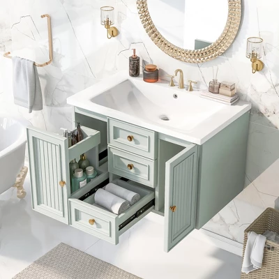 ModernLuxe 30" Mint Green Wall-Mounted Bathroom Vanity with Ceramic Sink 3 ModernLuxe 30" Mint Green Wall-Mounted Bathroom Vanity with Ceramic Sink