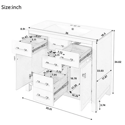 36" Modern Bathroom Vanity With Ceramic Sink, Freestanding Storage Cabinet With 4 Drawers & 2 Soft-Close Doors, Solid Wood Frame - ModernLuxe 4 36" Modern Bathroom Vanity With Ceramic Sink, Freestanding Storage Cabinet With 4 Drawers & 2 Soft-Close Doors, Solid Wood Frame - ModernLuxe - Image 2