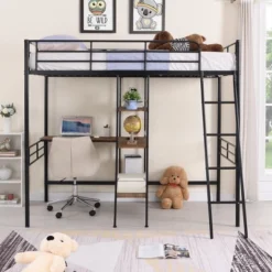 ModernLuxe Twin Size Metal Loft Bed with Built-in Desk and Shelves