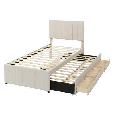 Twin/Full Size Platform Bed, Wooden Upholstered Bed Frame With Twin Trundle Bed And 3 Drawers - ModernLuxe 5 Twin/Full Size Platform Bed, Wooden Upholstered Bed Frame With Twin Trundle Bed And 3 Drawers - ModernLuxe - Image 3