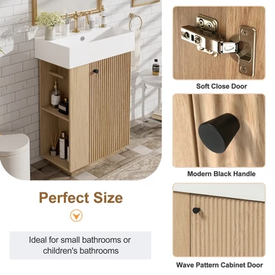 21.6'' Bathroom Vanity With Ceramic Sink, Freestanding Storage Cabinet, Soft-Closing Left/Right Door & Open Shelves, Natural - ModernLuxe 5 21.6'' Bathroom Vanity With Ceramic Sink, Freestanding Storage Cabinet, Soft-Closing Left/Right Door & Open Shelves, Natural - ModernLuxe - Image 3