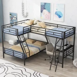 ModernLuxe L-Shaped Metal Triple Bunk Bed with Desk and Loft Bed